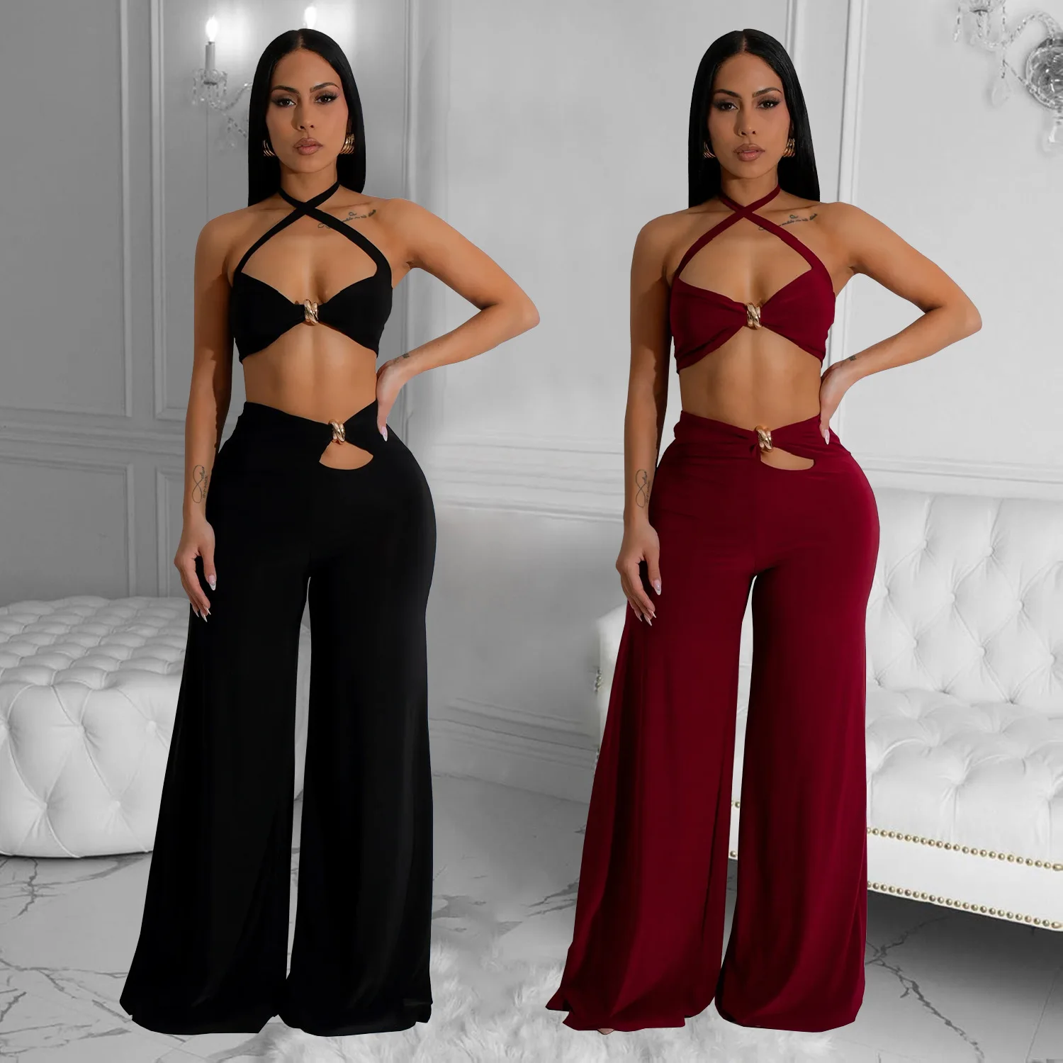 

C7236 Womens Clothing Women Solid Crop Top Two Piece Pants Set Outfits High Waist Casual Women's Sets