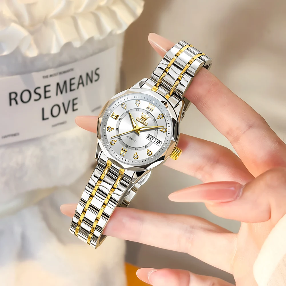 

OLEVS Top Brand Luxury Steel Bracelet Automatic Mechanical Watch for Womens Waterproof Week Date Luminous Hands Women Wristwatch