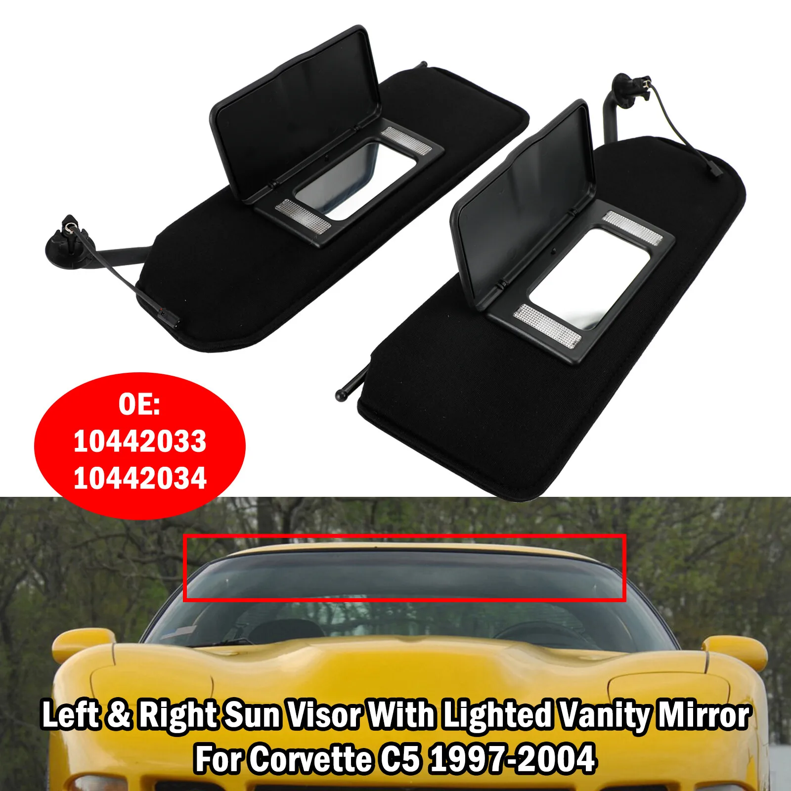 Sonnenblende, Kosmetikspiegel, schwarze Sonnenblenden für Chevy Corvette C5 1997–2004, Ersatz-Sonnenschutz für die linke Fahrer, rechte Seite vorne