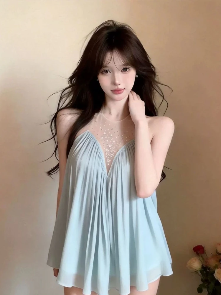 

Sparkling Blue Chiffon Spaghetti Strap Top Women Summer Loose Fit Sleeveless Resort Wear Pure Sexy Glamour Fashion Elegant