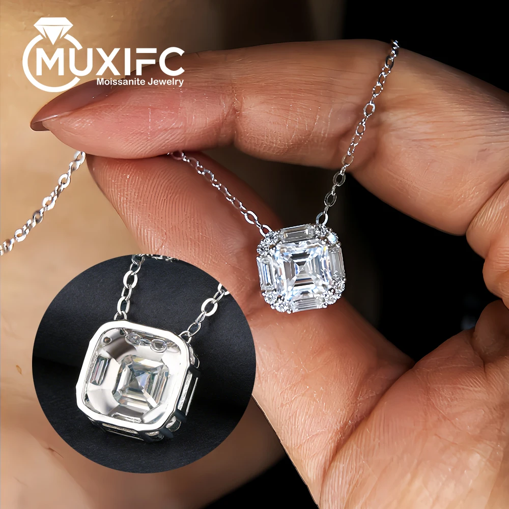 

MUXIFC 2CT Asscher Cut Moissanite Pendant Necklace for Woman 7mm Sugar Cube Lab Diamond 925 Sterling Silver Necklaces Jewellery