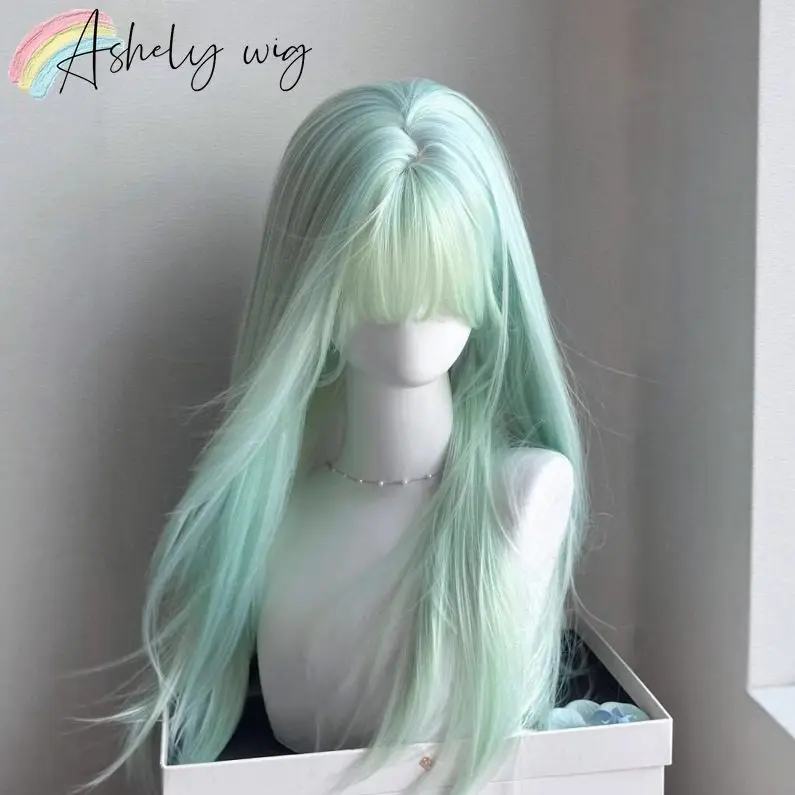 Ashely Lolita Wig 24inch Mint Green Long Straight Hair Wig with Bangs High Temperature Fibers  Headband Wigs Deguisement Femmes