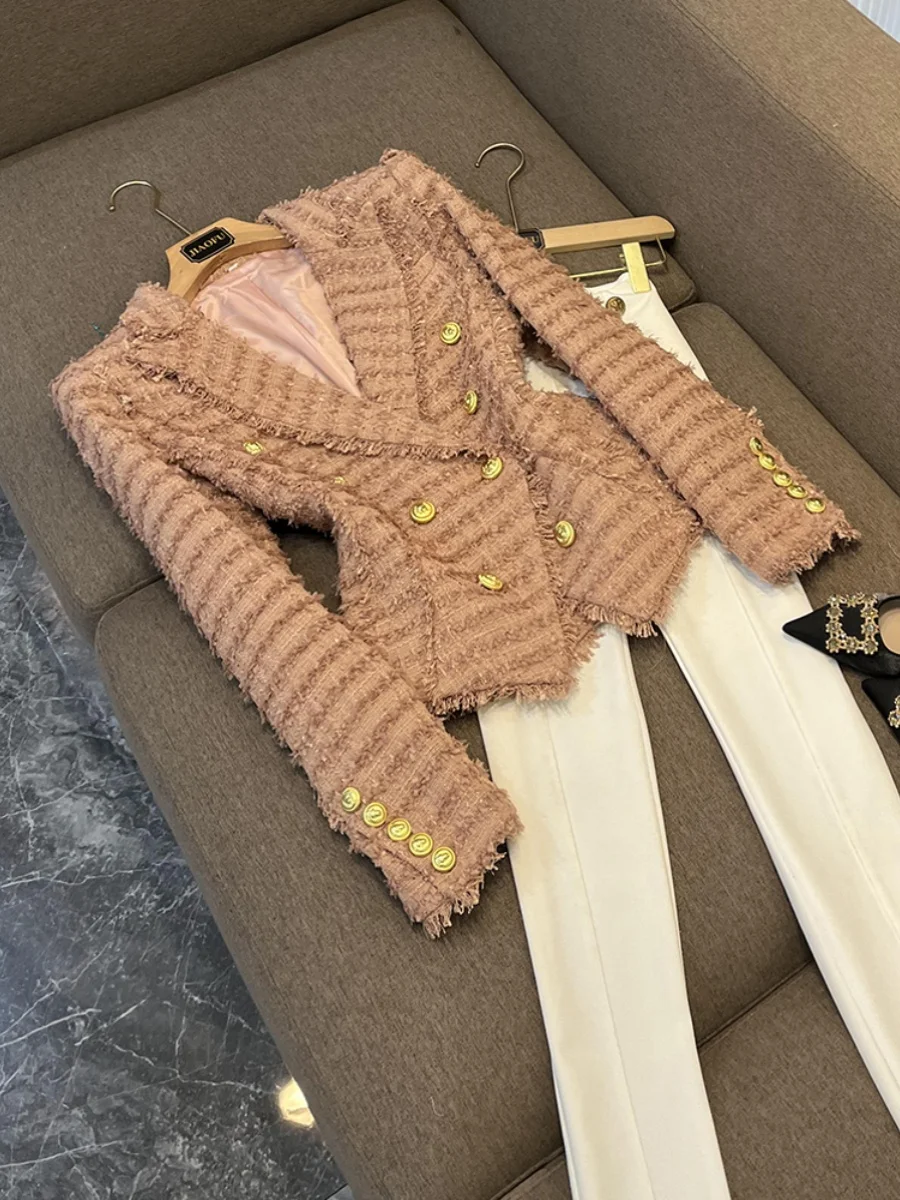 

Faionable Tassel d Thiened Woolen Slim Fit Suit Jaet Winter New Arrival for Women Commute Sle Double Breasted