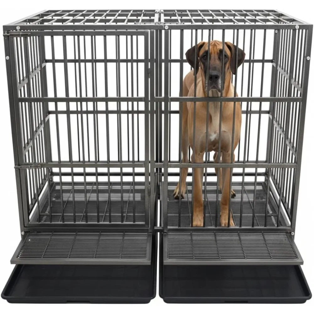 

54 Inch Heavy Duty Dog Crate Cage with Wheels, Indestructible and Escape Proof Steel Kennel Indoor , Double Door and Tray,