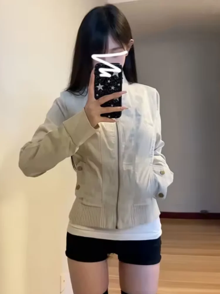 

Korean Women's Short Basic Jacket 2026 Spring Autumn New Unique Stand-up Collar American Zipper Long Sleeves Outerwear Female