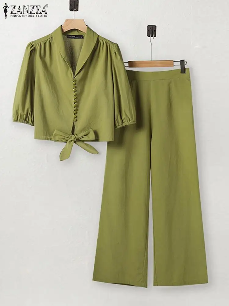 ZANZEA Elegant Work Suit Women Blouse Pant Sets Half Sleeve Shirt Wid Leg Trousers Summer Loose Matching Sets Tracksuits