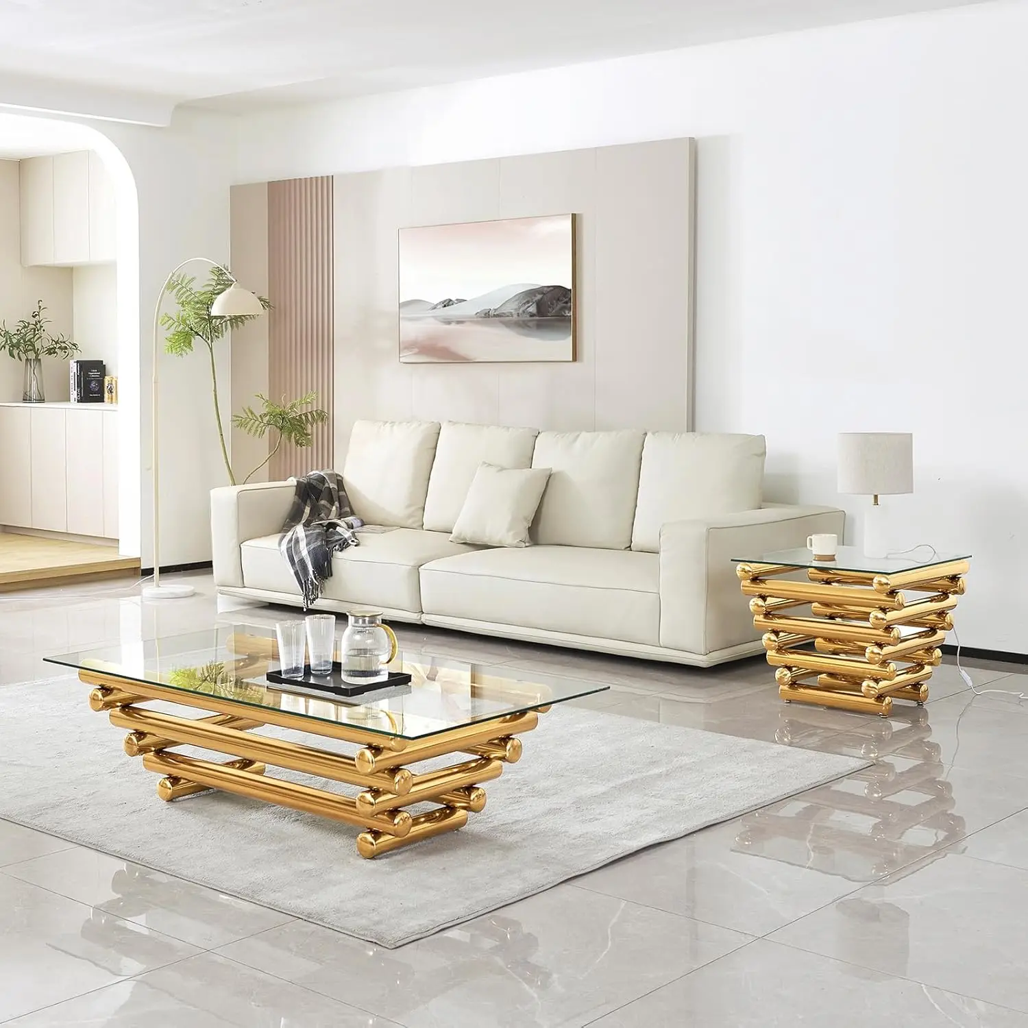 Coffee Table Set Of 2, Modern Gold Coffee Tables For Living Room, Easy Assembly Easy Clean, Tempered Glass With, Customized