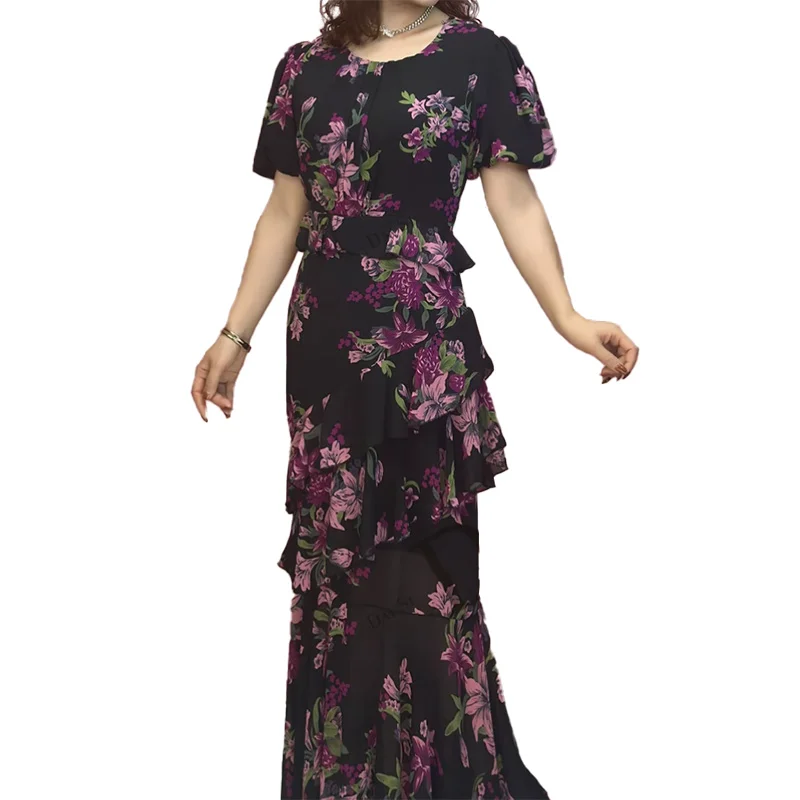 

Ele Floral Print Midi Dr Slim Fit A-Line Skirt French Sle Bubble Sve Polyester Blend Summer Women's Dr