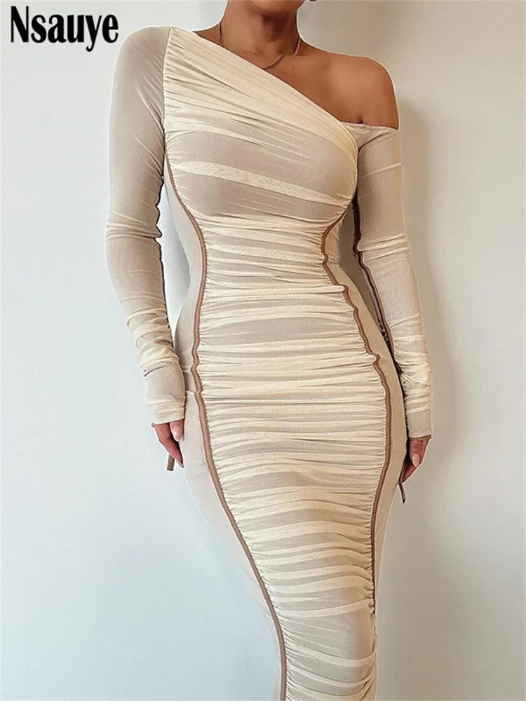 Nsauye Mesh Patchwork One Shoulder Long Sleeve Elegant Fashion Long Dress Evening Party 2024 Summer Sexy Bodycon Dresses vestido