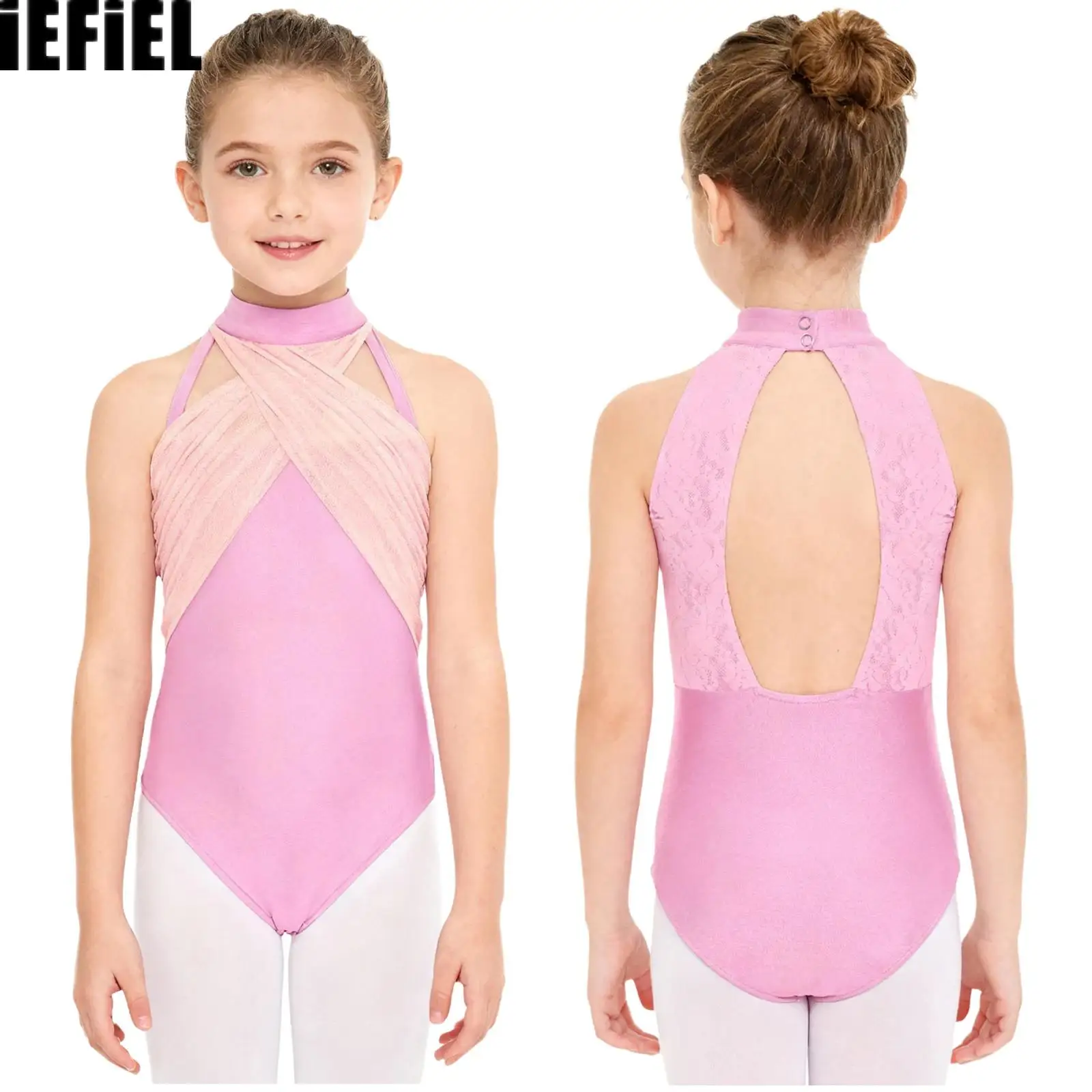 

Kids Girls Mesh Dance Leotard Cross Ruched Shimmery Mock Neck Sleeveless Lace Patchwork Cutout Back Bodysuit