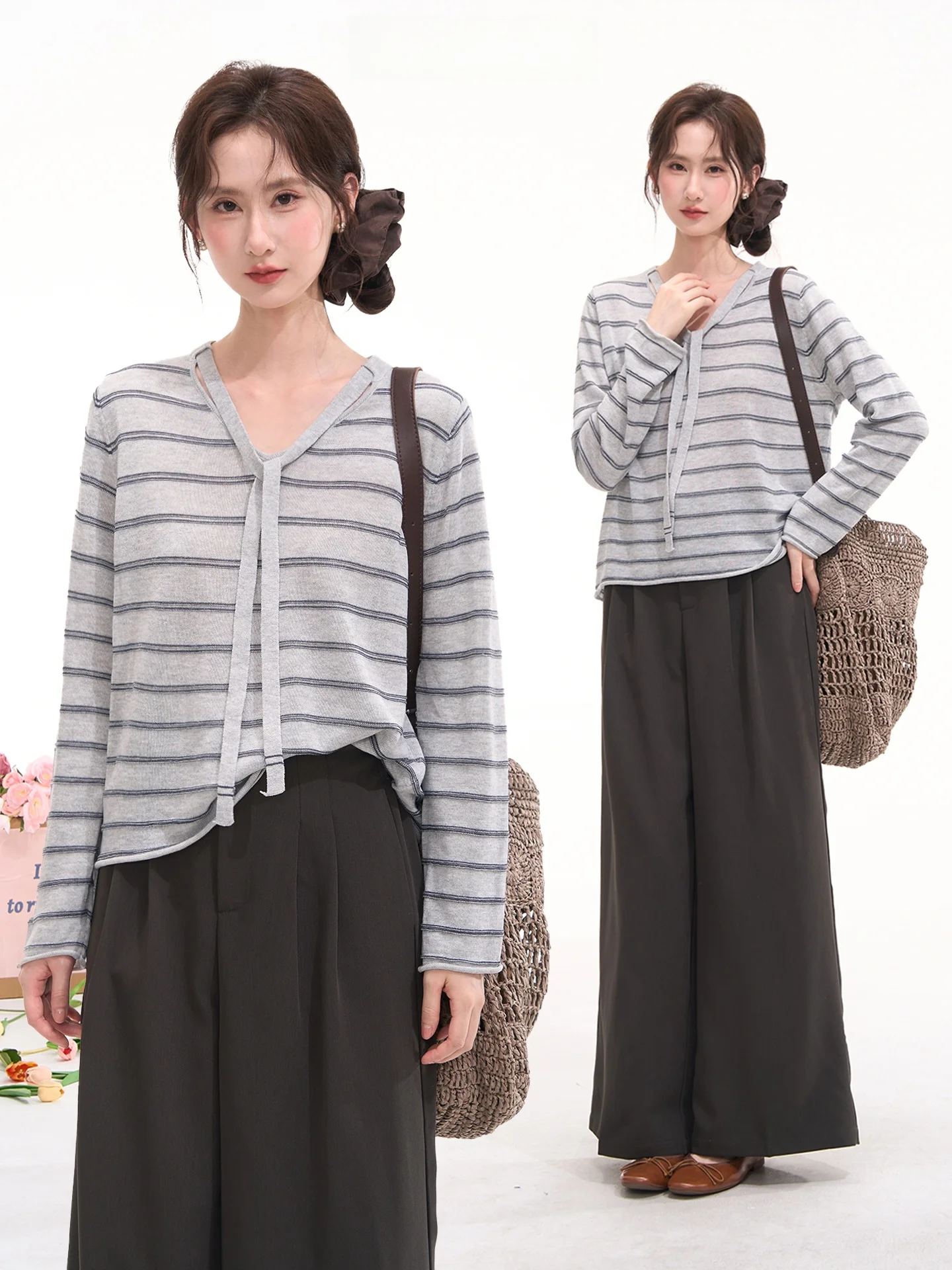 

Loose Long Sleeve Women's Knitwear Flower Field Window Heme Sweet Stripe Design Korean Style Spring Summer Fashion Ladies' Top