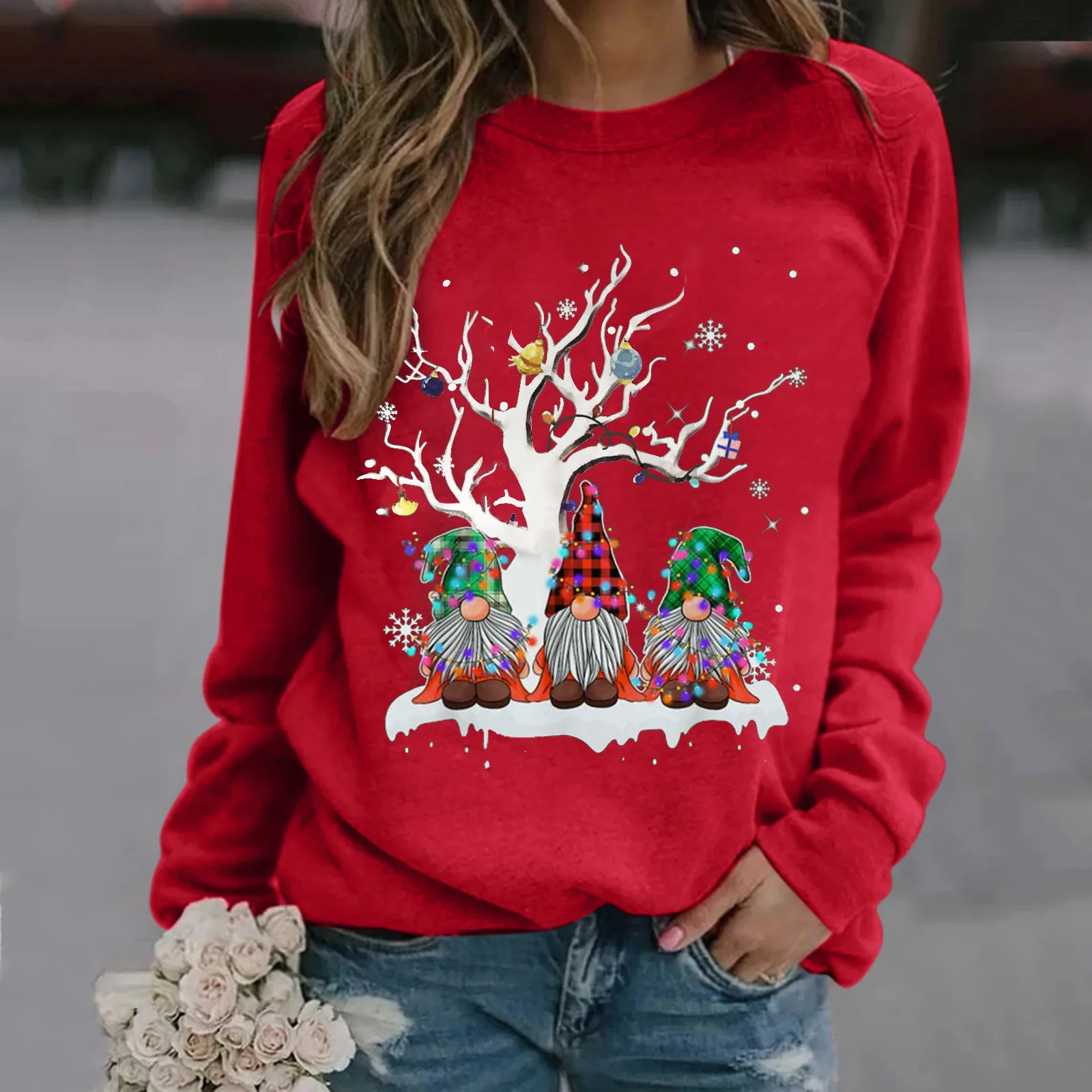 Christmas Women\'s Long Sleeve Sweatshirt Top Casual Crew Neck Xmas Tree Gnome Pullover Sweatshirts Party Wear Blouses