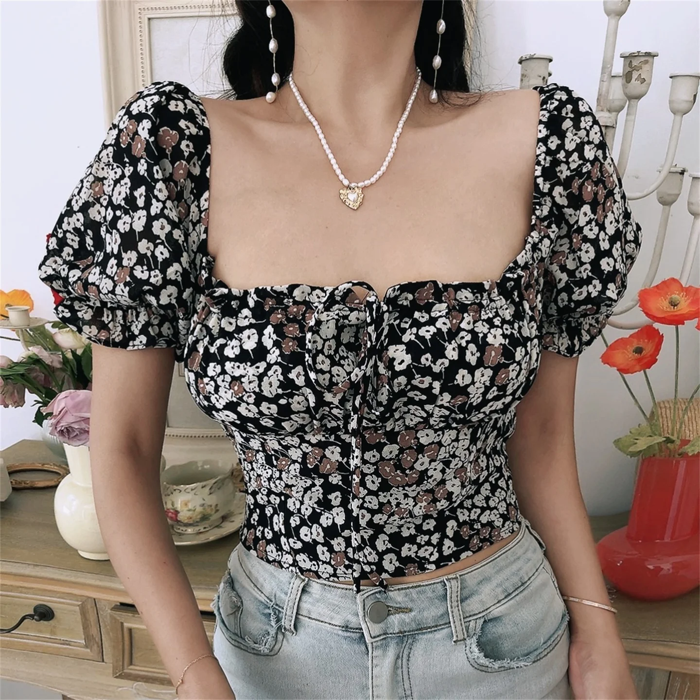 

Весна Лето Ретро Квадратный воротник Dstring Lantern Sve ort Length Bared Waist Vaion ort Sve Женский irt