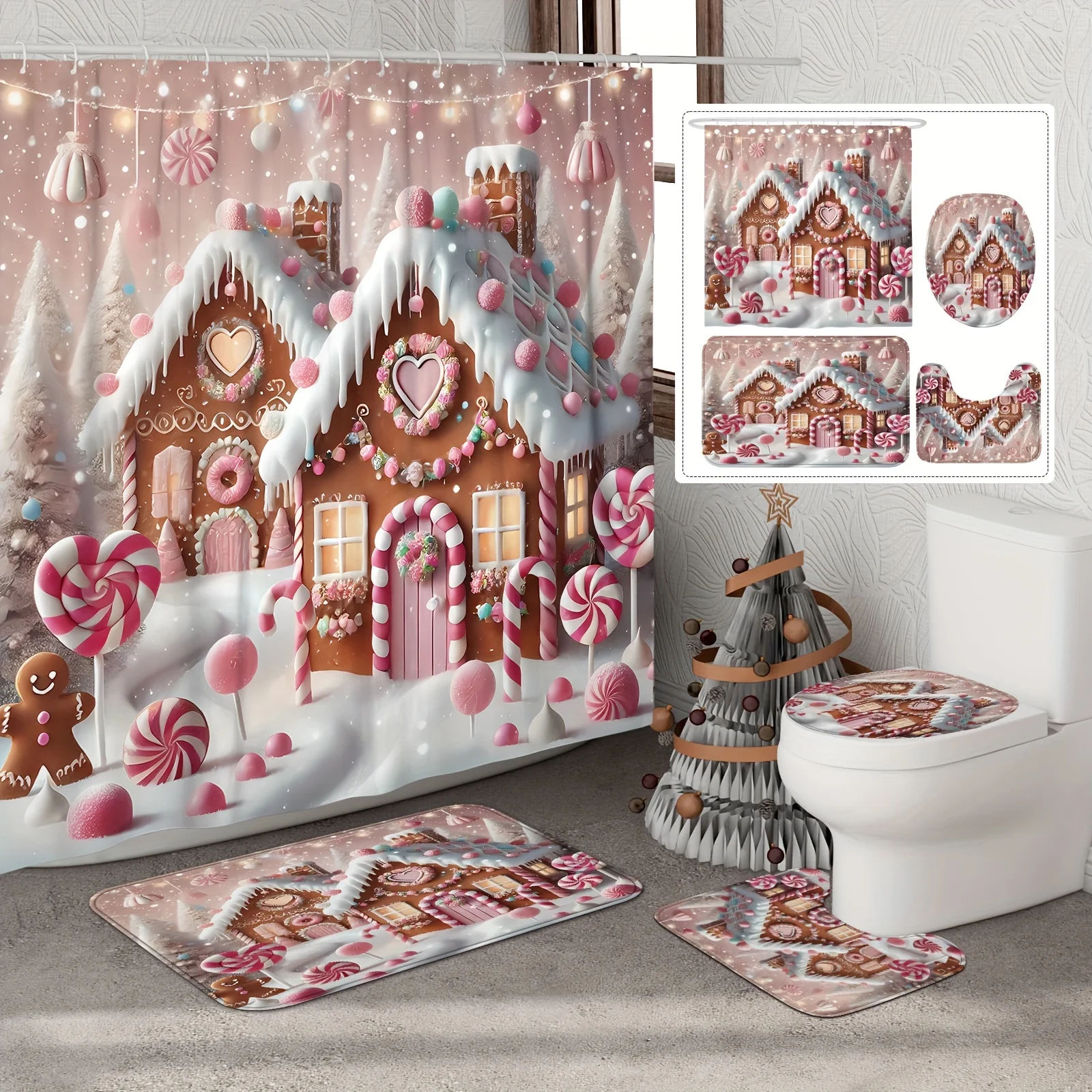 

4pcs Christmas Gingerbread Candy Cane Shower Curtain Set with Non-Slip Mat & Toilet Cover, Pink Brown Cute Polyester Xmas Decor