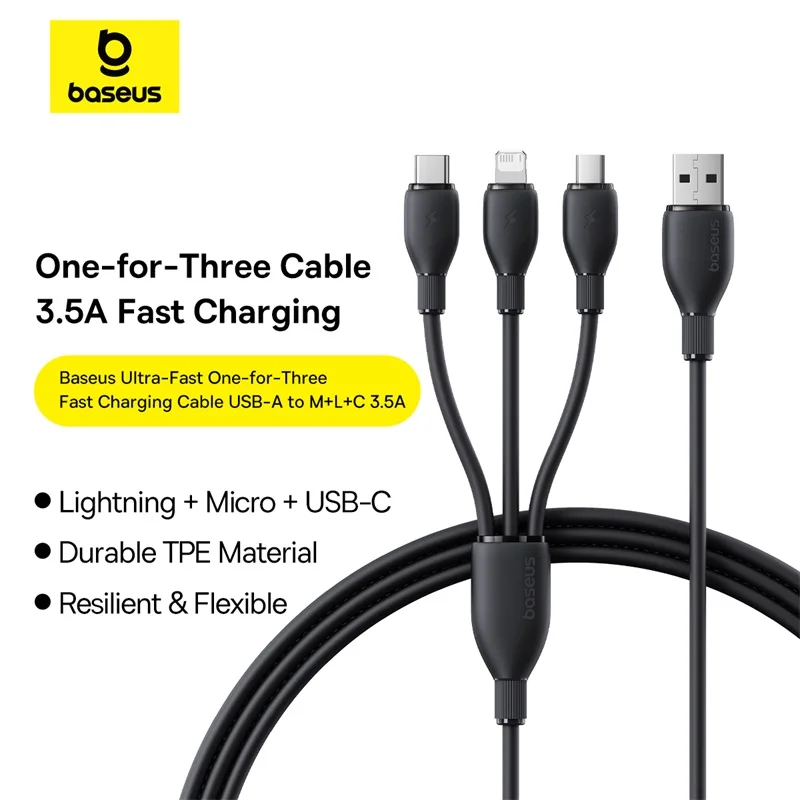 Baseus Ultra-Fast 3-in-1 Fast Charging Cable USB-A to M+L+C 3.5A 1.3m One-for-Three Charging Cord for Multiple Devices