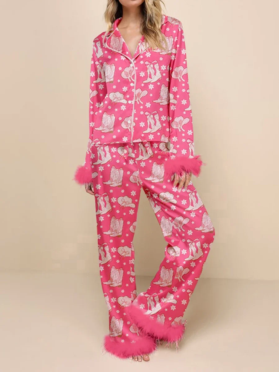 

Women Christmas Pajamas Lounge Set Santa/Christmas Tree/Boots Long Sleeve Print Shirts Tops and Pants 2 Piece Loungewear Outfits