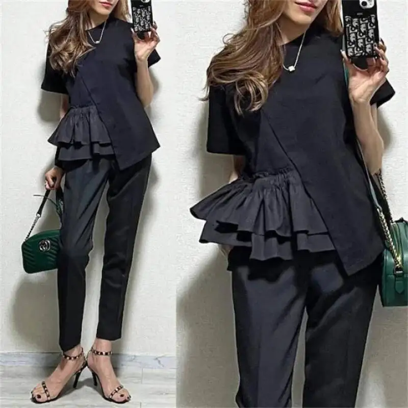 

Летняя женская футболка 2026 в японском и корейском стиле, свободного кроя, с рюшами, пэчворком и асимметричным подолом, с коротким рукавом