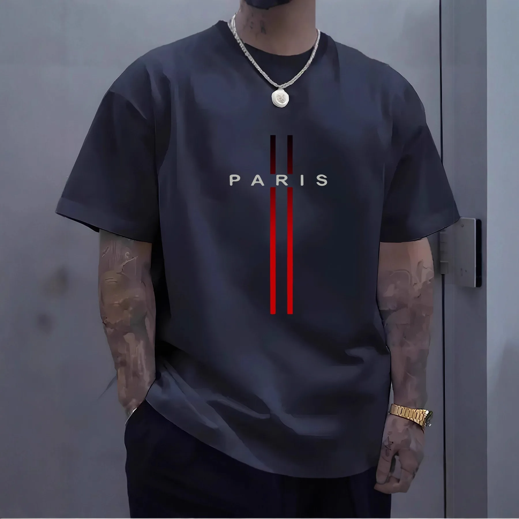 Men's Comfortable round Neck T-Shirt Paris Casual Top Long Velvet Cotton Loose Fit Short Sleeve Basic Style Spring Summer