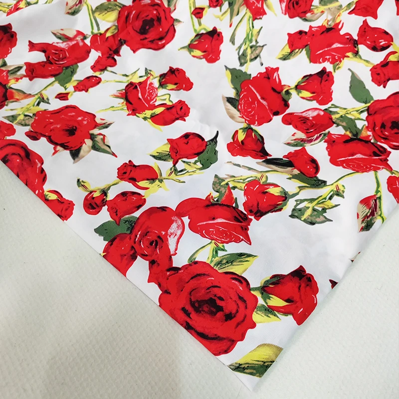 Good,130cm Wide,Vintage Clothing Dress Fabric,Leaves Rose Flower Printed,Slightly Elastic,Sewing Material,100% Cotton Fabric