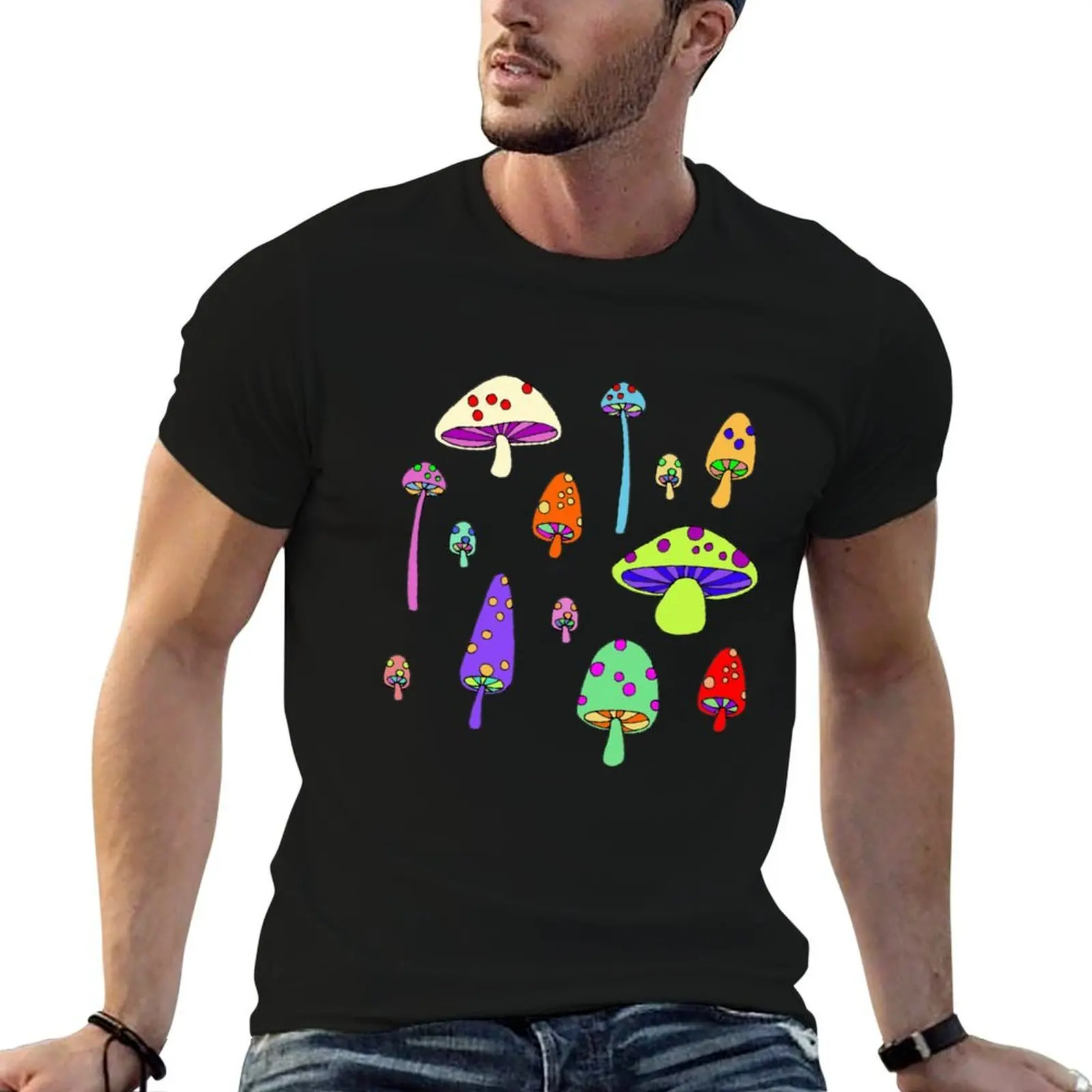 Camiseta Technicolor Mushrooms para hombre, camisetas divertidas de algodón pesado, camisetas de algodón para hombre, camiseta de algodón