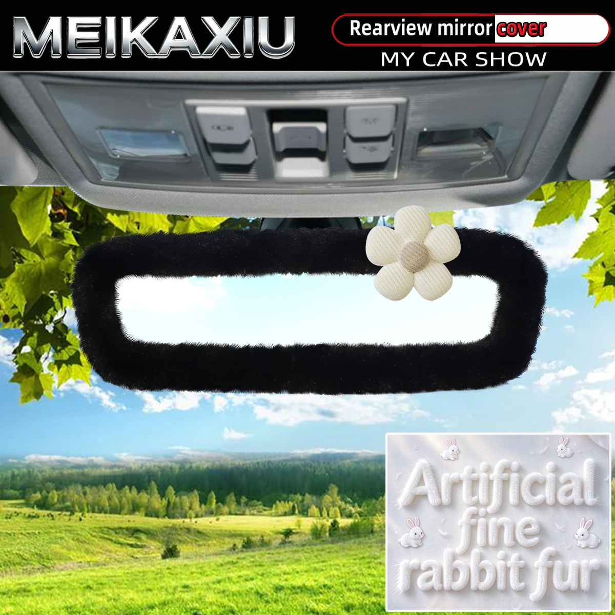 Artificial Rabbit Fur Rearview Mirror Cover Beautiful Flower Fabric Car Interior Decor Accessory for Vehicle