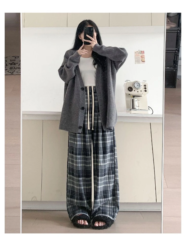 سراويل واسعة الساق ذات مربعات كلاسيكية للنساء والطلاب، النسخة الكورية سراويل غير رسمية فضفاضة بأرجل مستقيمة #4