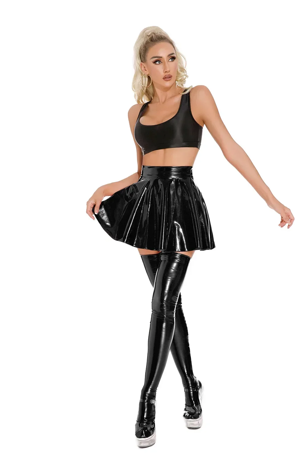 Sexy Wet Look Leather Pleated Skirt Front Bodycon Elastic Womens Shiny PVC Zipper Patent Leather Skirt Latex Mini Short Skirt