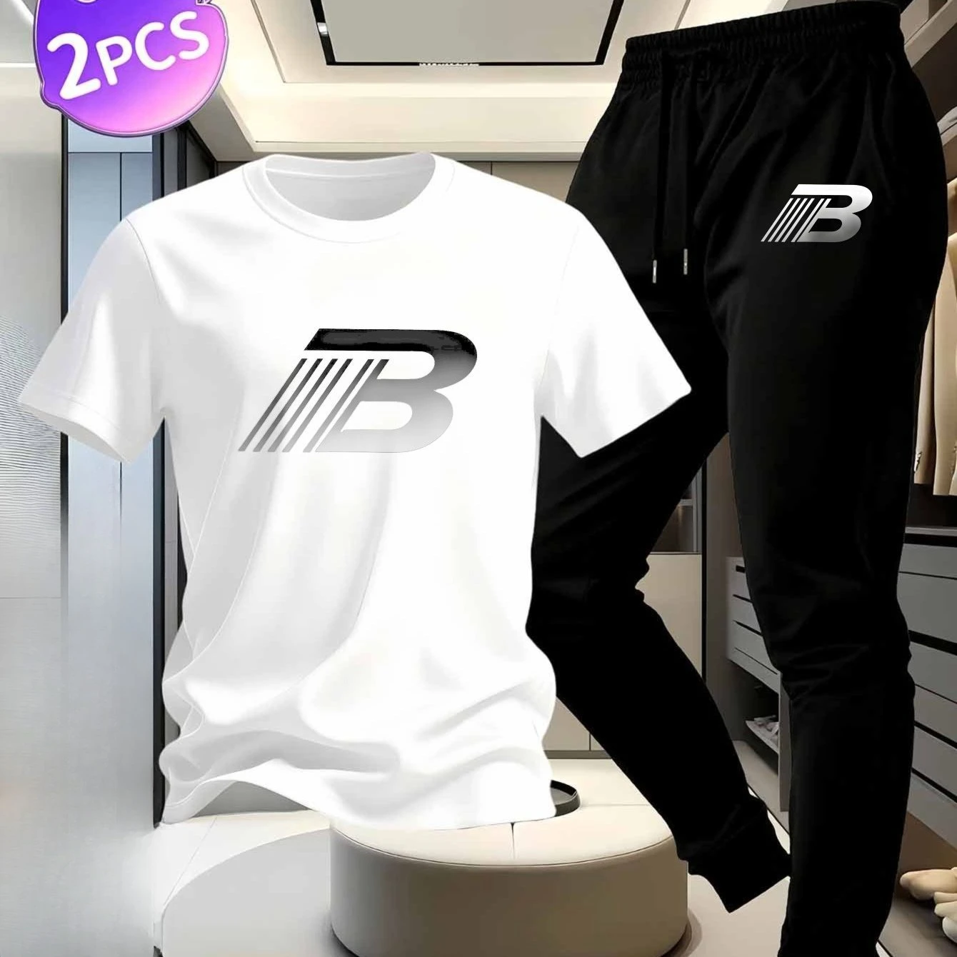 Men's Casual Set_ White Cotton Short Sleeve T-Shirt with Black Sports Pants, Featuring B Letter Print on the Chest and Pant Legs