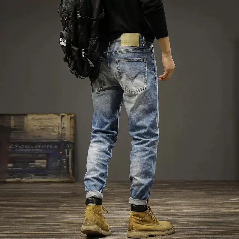 Fashion Designer Men Jeans High Quality Retro Blue Elastic Slim Fit Ripped Jeans Men Vintage Trousers Casual Denim Pants Hombre