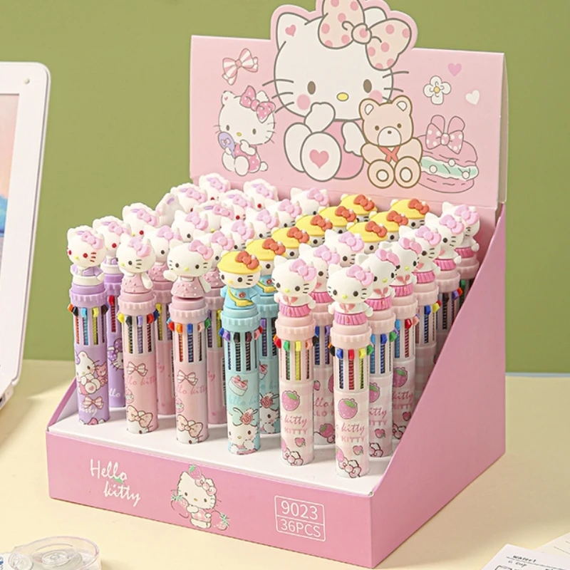 12/36pcs Sanrio Cartoon Hellokitty Doll 10 Colors Ballpoint Pen Multi Color Press Gel Pen Student Supplies Stationery Wholesale