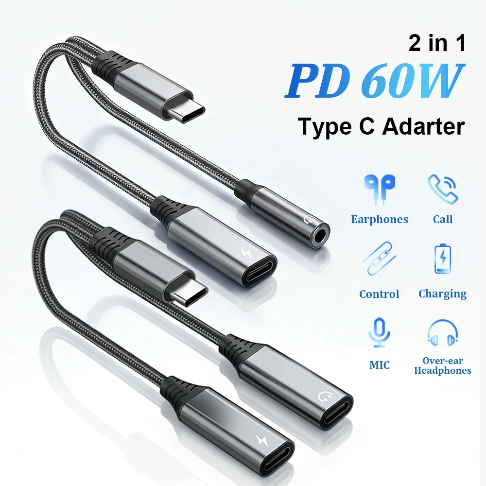 

2 in 1 USB Type C Splitter To 3.5mm Jack Headphone Adapter PD 60W Fast Charging Audio Dongle For iPhone 17 16 15 Xiaomi Samsung