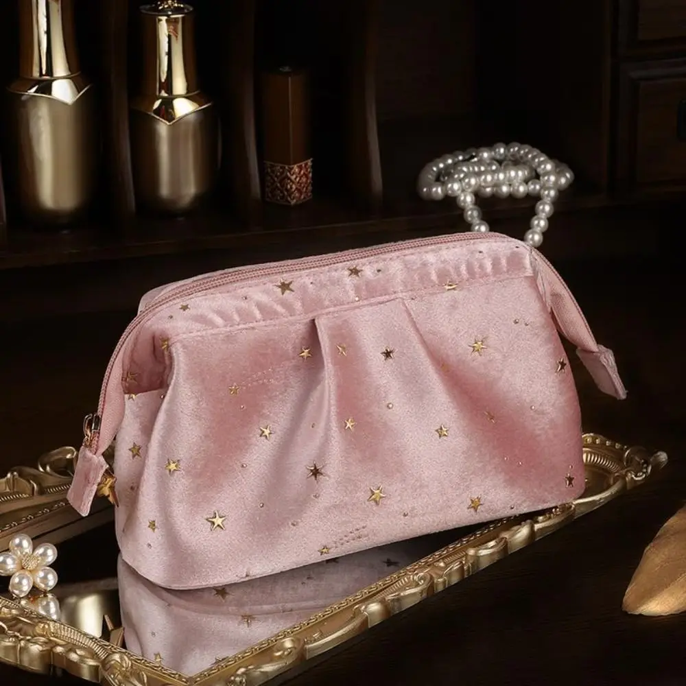 Bronzing Stars Velvet Cosmetic Bag Large Capacity Wash Pouch Travel Toiletry Bag Zipper Handbag Shell Shape Makeup Case