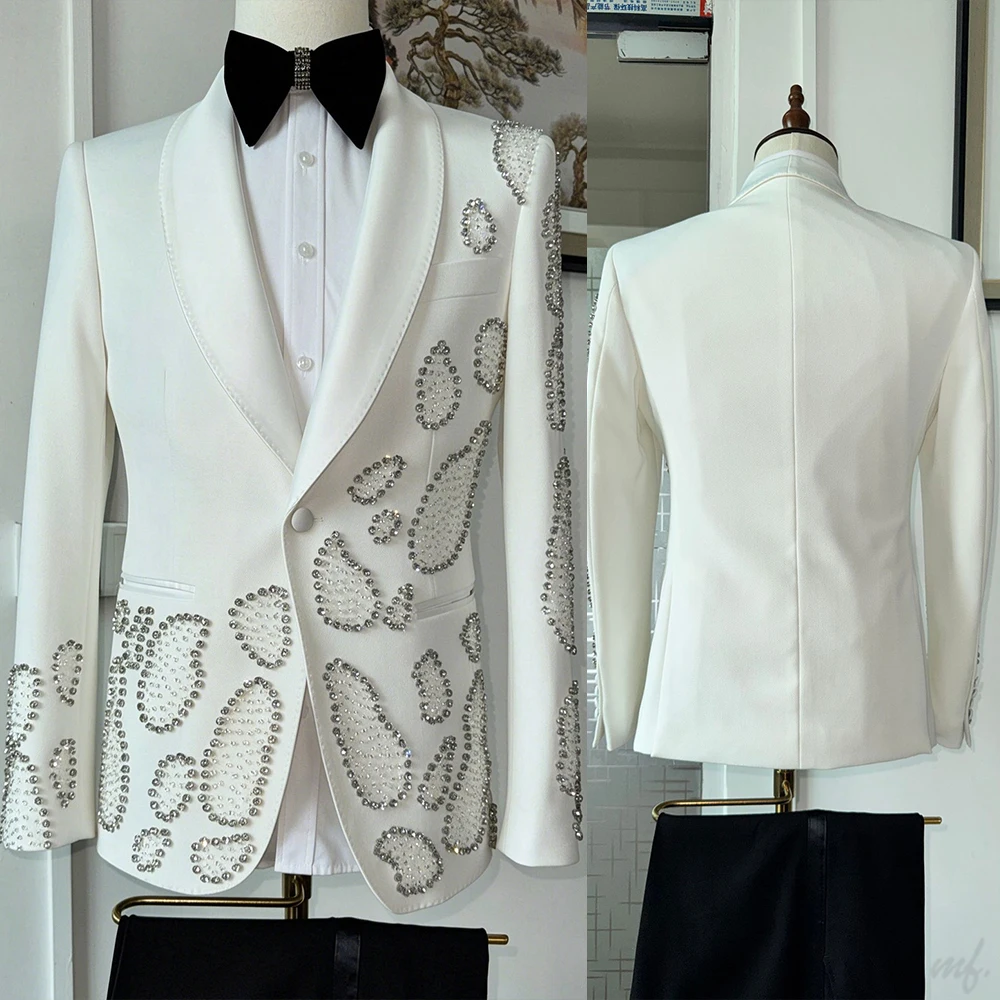 Luxury Beaded White Men's Blazer Slim Fit Suit Jacket Party Prom Groomsman Customized Formal Tuxedo M267229