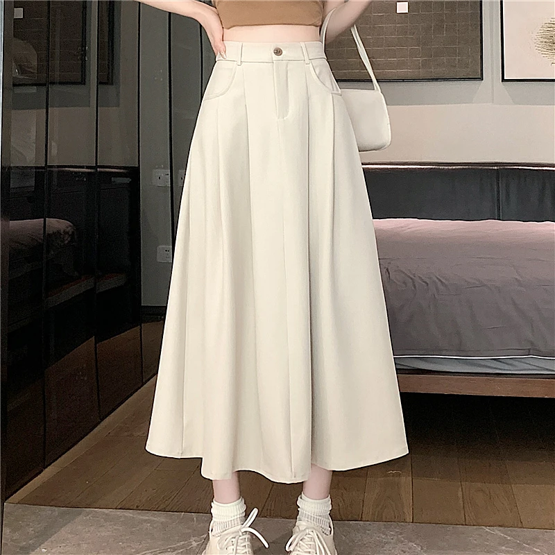 Seoulish Primavera Nuove Donne Gonne A Pieghe 2025 Vintage di Colore Solido A Vita Alta Casual di Media Lunghezza delle Donne A-line Gonne Femminili