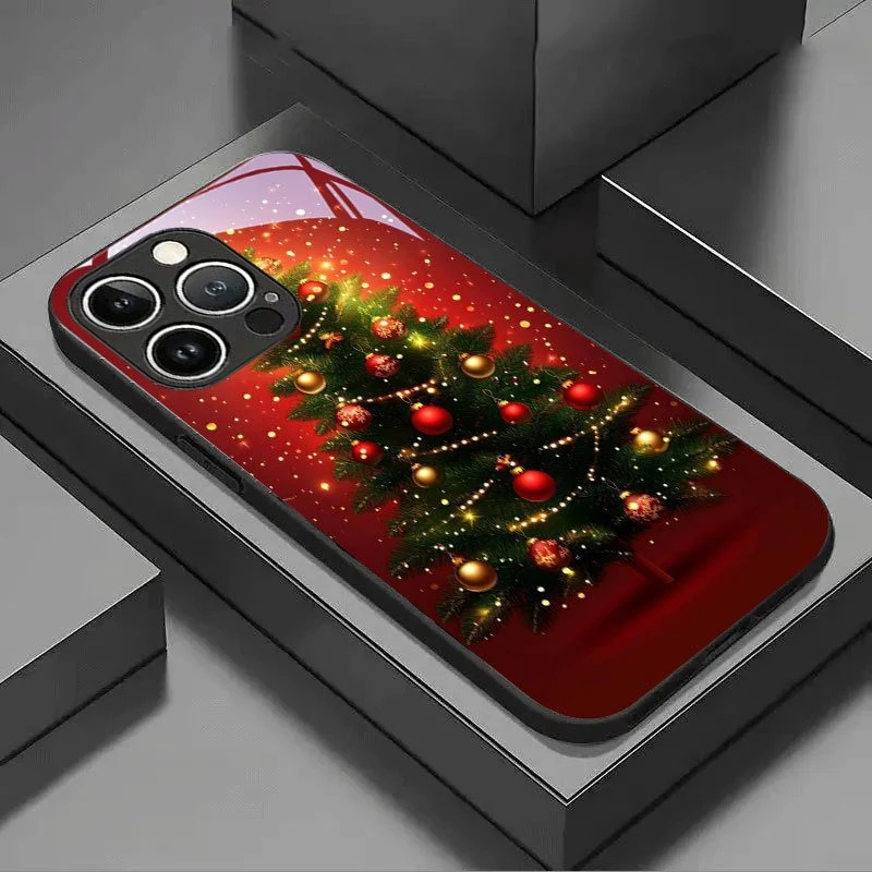 

Red Christmas Decorative Tree Pattern Glass Phone Case For iPhone 17 16 15 14 13 12 11 Pro Max 16E 17Air 7 8 Plus XR XS X Cover