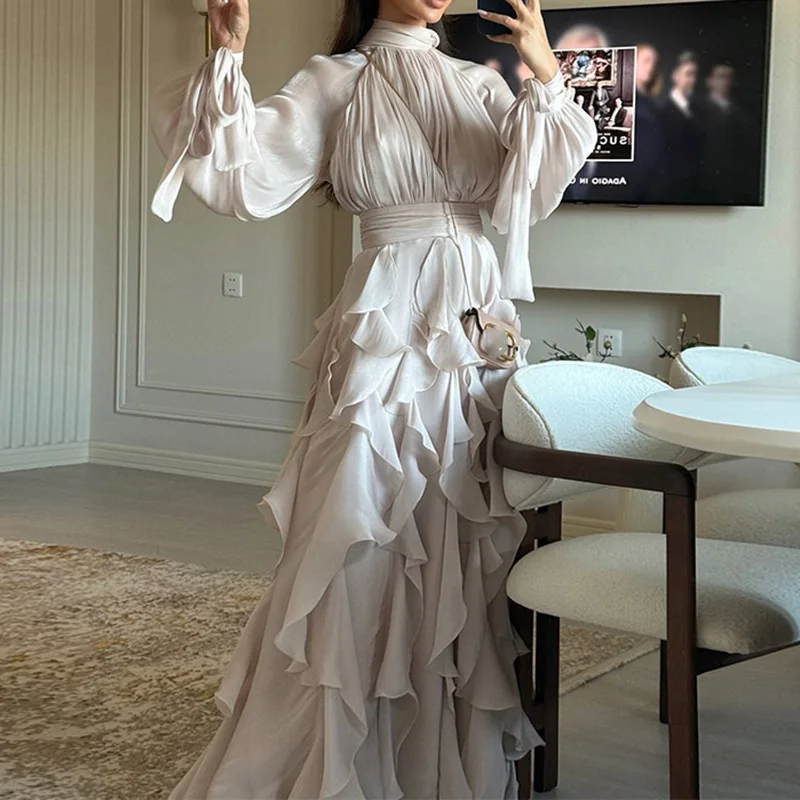 Mode hoge taille plooi feestjurk dame casual hoge kraag gelaagde banketjurk elegante effen kleur avondjurk met lange mouwen