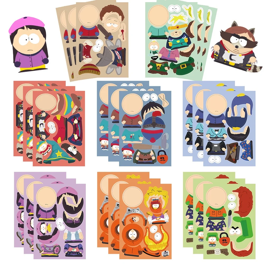 8 Sheets Cartoon South Park PARK Make A Face  Puzzle Stickers For Luggage Phone Case Laptop Notebook Decals Kids Gift