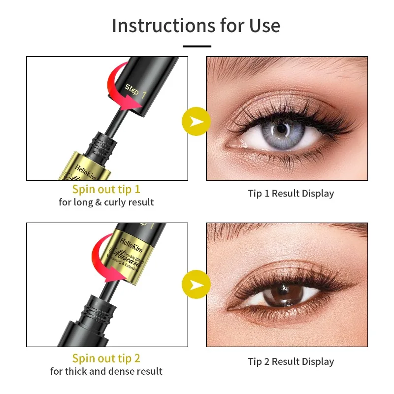 Mascara effet 4D 2 en 1 pour allongeant, recourbe et volumisant les cils dramatiques, formule longue durée imperméable et anti-taches