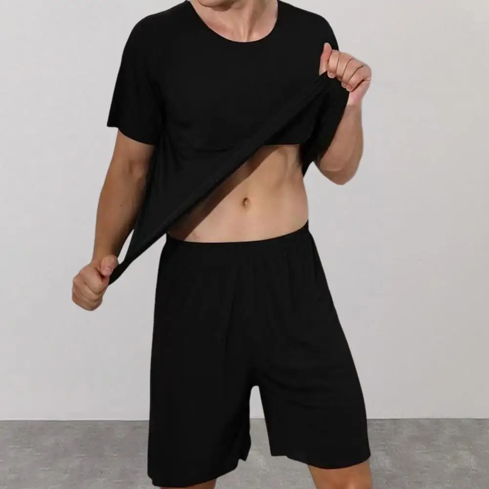 Casual Homewear Men's Sporty Short Sleeve T-shirt Wide Leg Shorts Set for Homewear Sleepwear in Solid Color Ice Silk Fabric Men