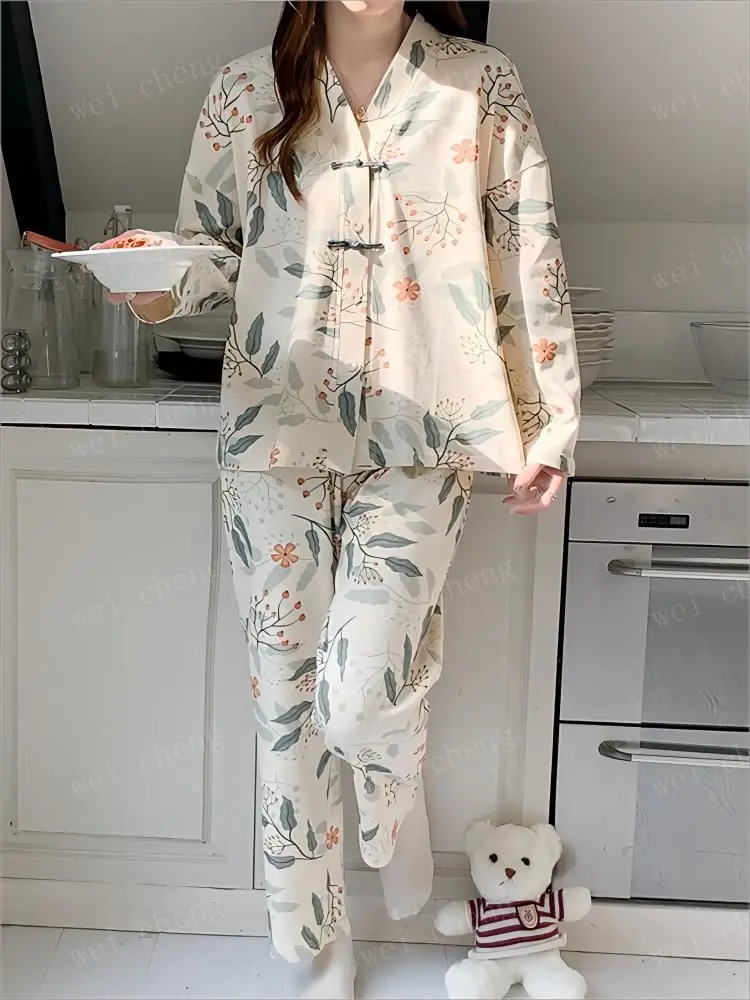 Women Pajamas Set Cotton Home Clothes Women Set Korean Style Ladys Women\\\'s Pajamas Robes Sleepwear Two Piece Pyjama Pour Femme