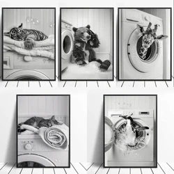 Cute Giraffe Penguin Tiger in Washing Machine Poster Laundry Room Decor Picture Funny Laundry Wall Art Utility Room Print Canvas