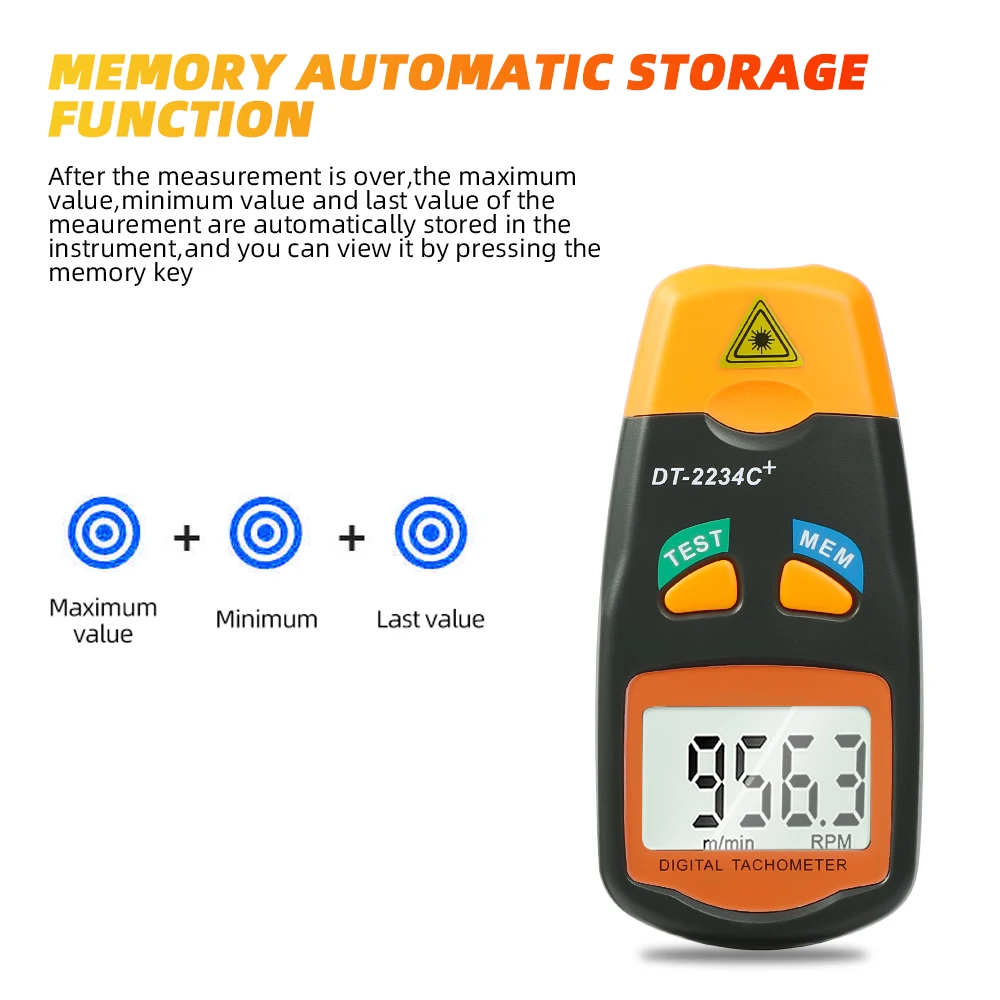 Digital Laser Tachometer Non Contact Electronic Photo Tachometers 2.5-999.9 RPM Tach Meter DT-2234C+With Reflecting Tape Marks