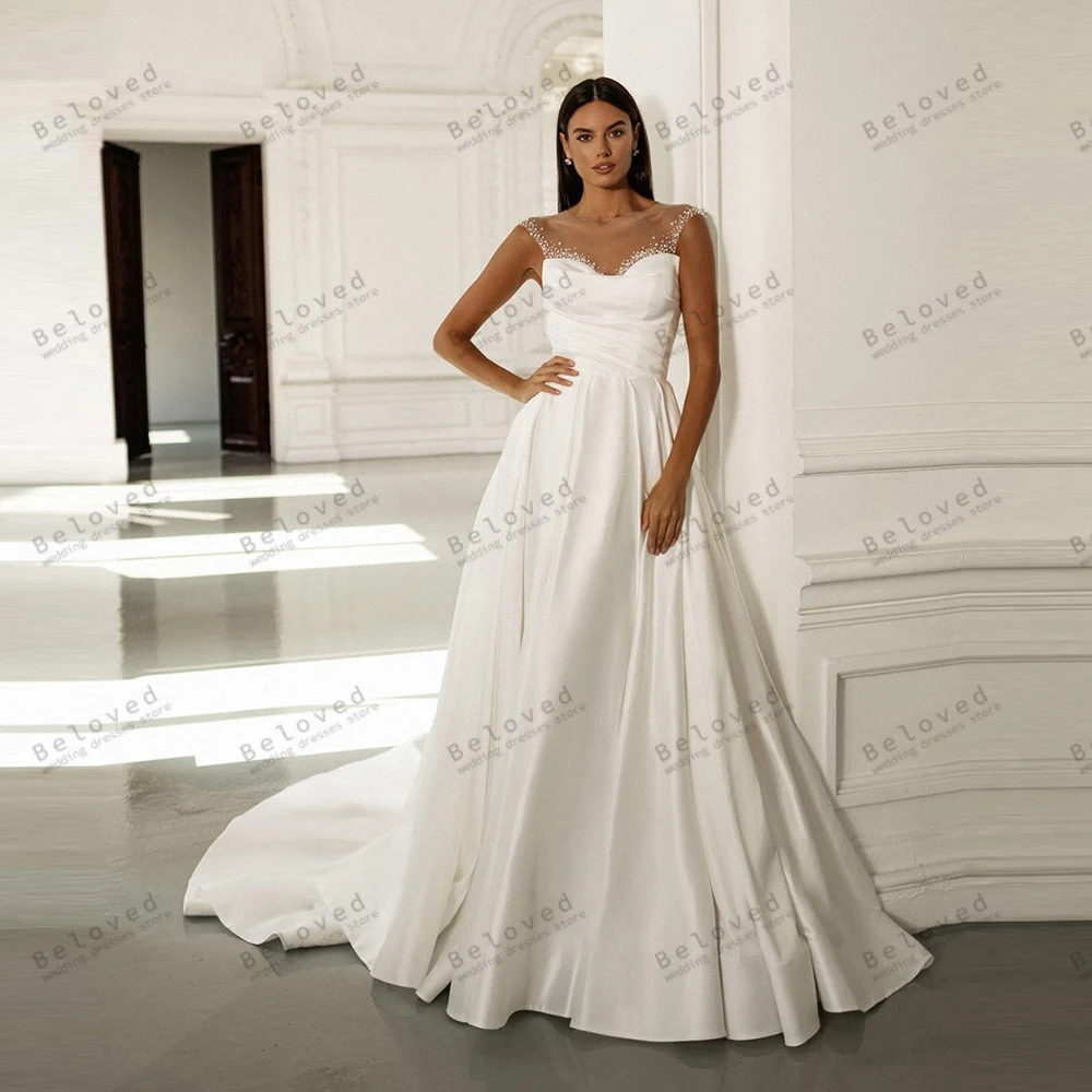 우아한 웨딩 드레스 라인 새틴 신부 가운 레이스 아플리케 민소매 바닥 길이 간단한 베스 티드 드 노비아 맞춤 제작