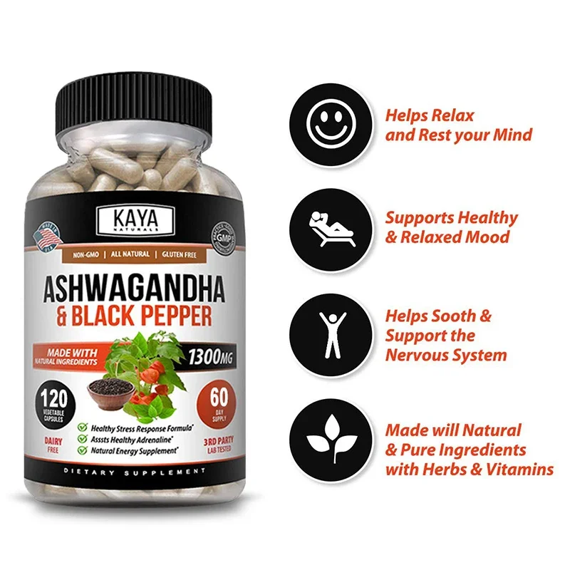 Organic Ashwagandha 1300 Mg - 120 Veggie Caps - Stress Relief, Anti-Anxiety, Improve Mood, Provide Energy