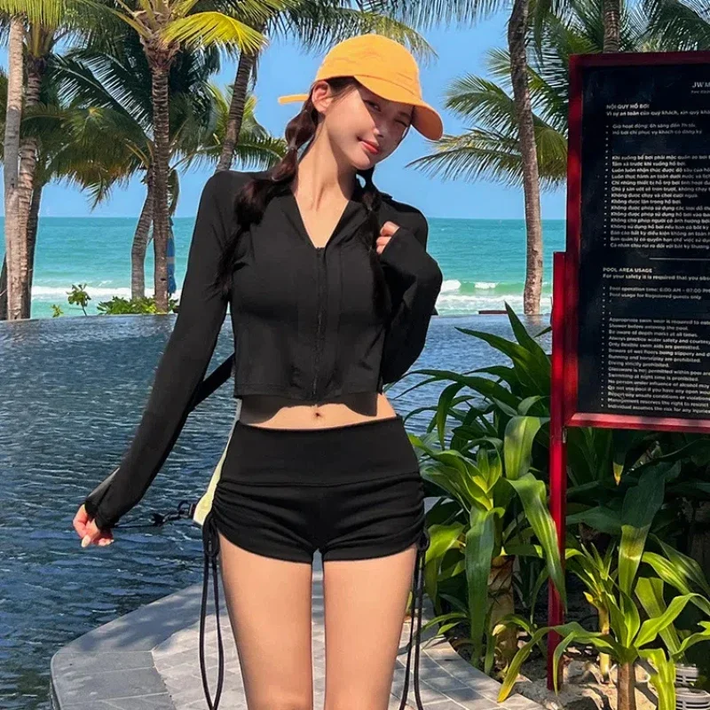 

Sexy 3 Pieces High Waist Bikinis Shorts 2024 Women Swimsuit with Long Sleeve Cover Up Swimwear Korean Beach Wear Bathing Suit