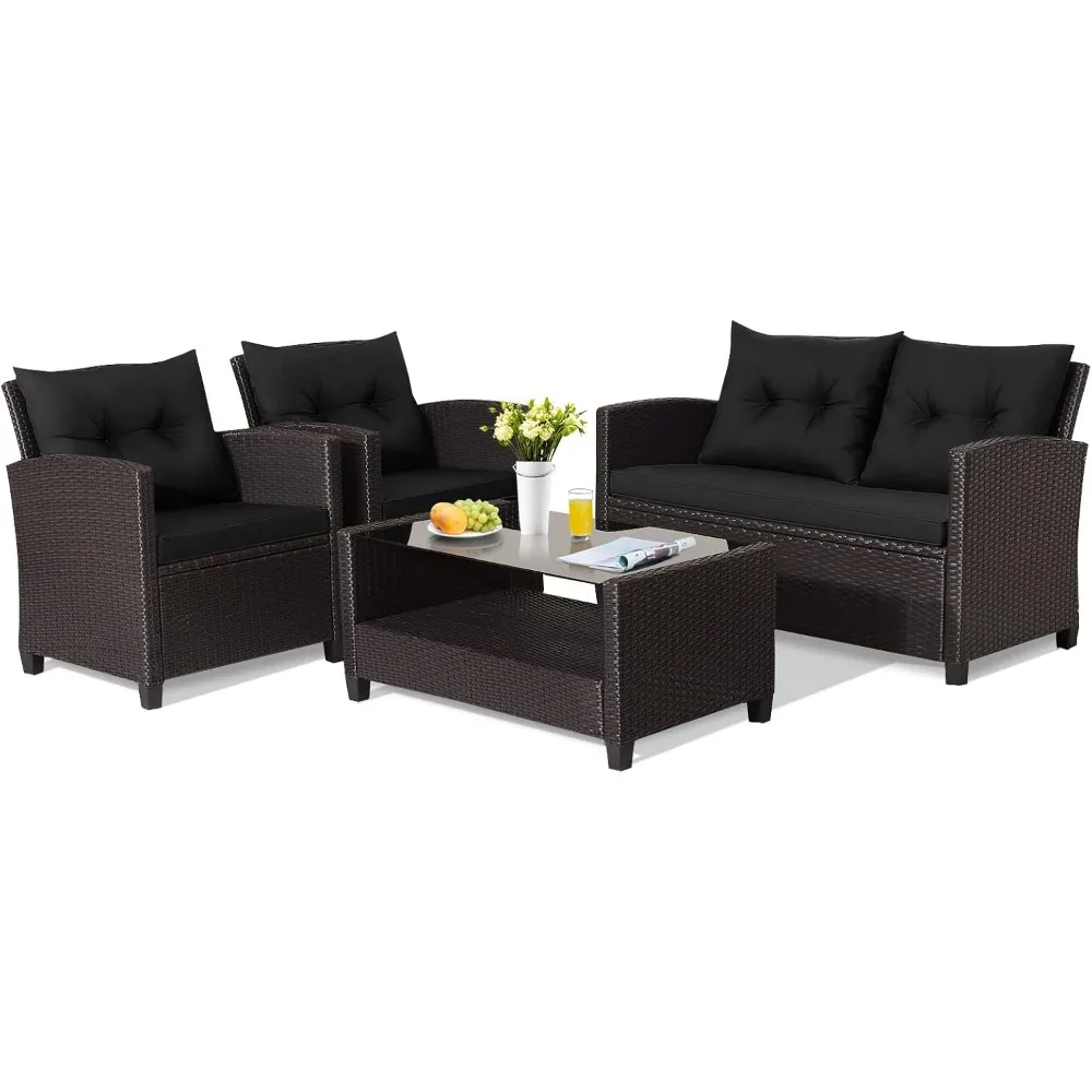 4 Pieces Patio Furniture Set Outdoor PE Rattan Conversation Sets with 2-Tier Coffee Table, Patio Furniture Set