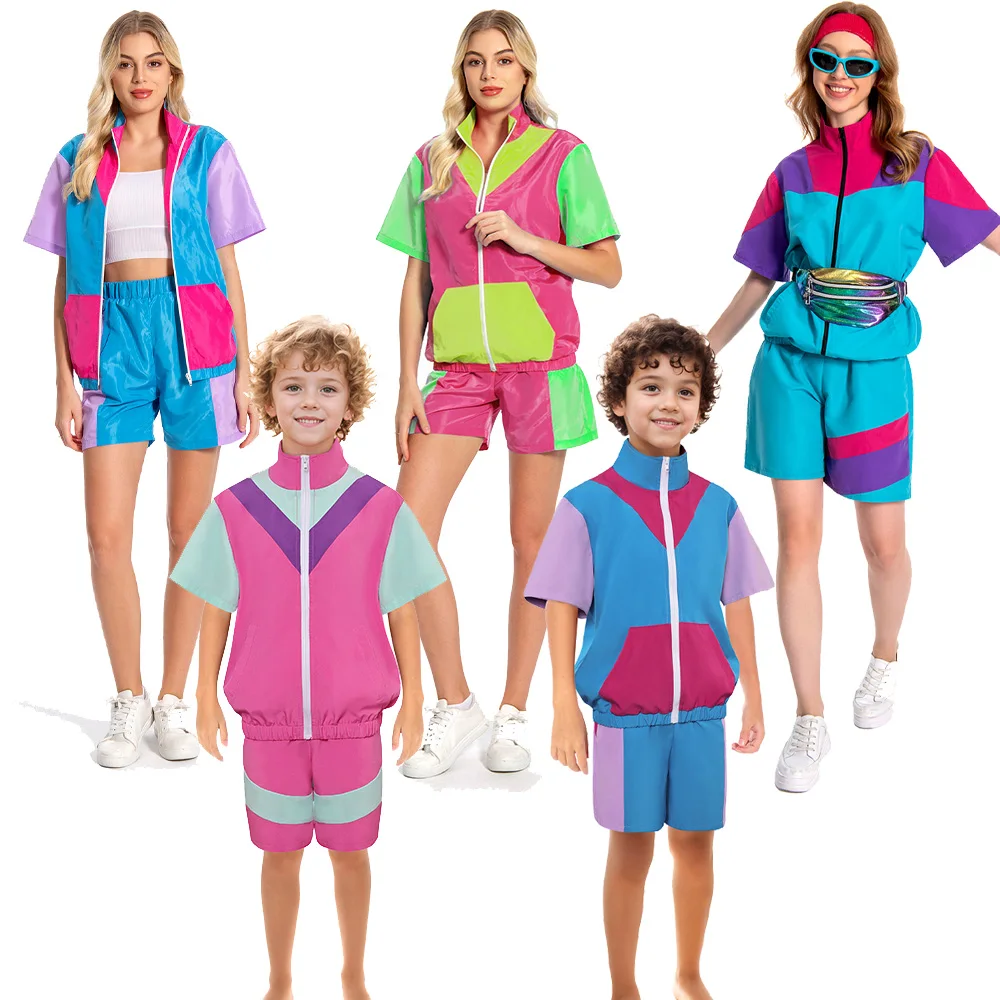 80s 90s Cosplay Hip Hop Stage Performance Female Children Short Sleeved Sportswear Adult Kids Costume Tracksuit Halloween Suit