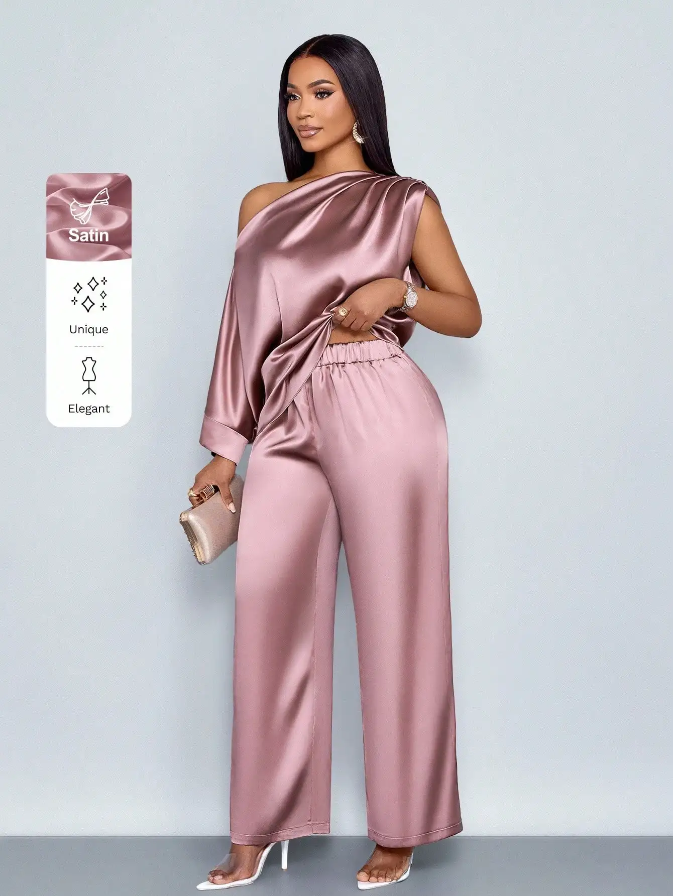 

Женский комплект из асимметричного топа на одно плечо и широких брюк из сатина