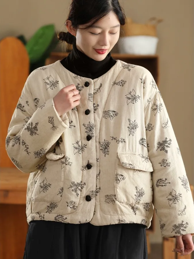 

Thiened Cotton Jaet Winter Warm Retro Waed Liner Button up Coat Age Reducing Vintage Sle Women's Commute Faion