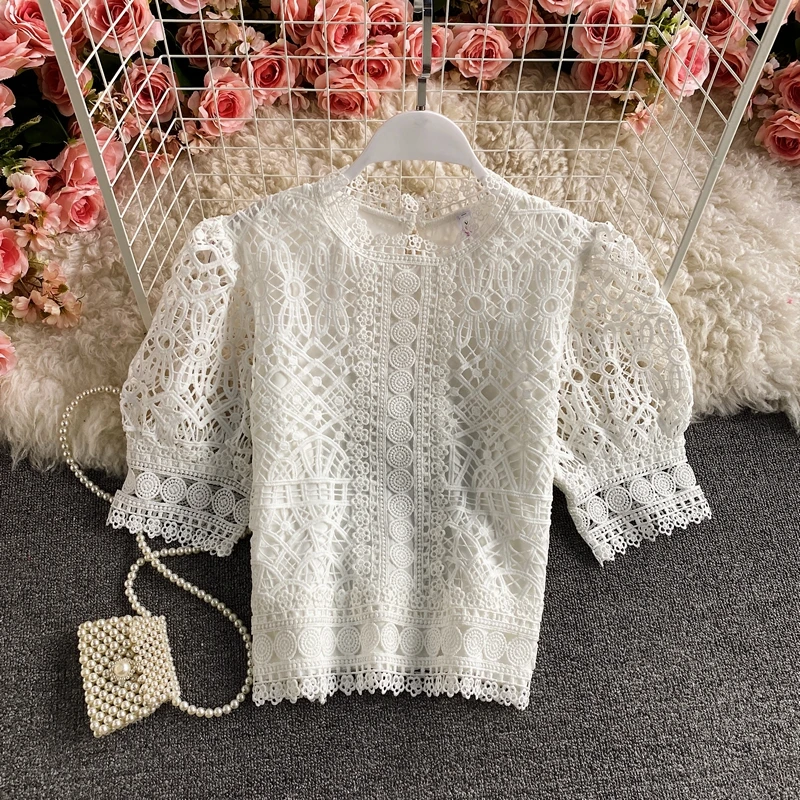 

Perspective Bubble Sleeves Water soluble Hook Flower Hollow Lace Shirt Short Sleeve Solid weet Versatile Age Reducing Short Top